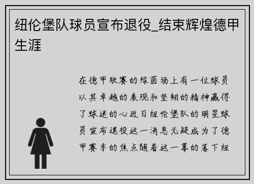纽伦堡队球员宣布退役_结束辉煌德甲生涯