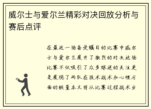 威尔士与爱尔兰精彩对决回放分析与赛后点评